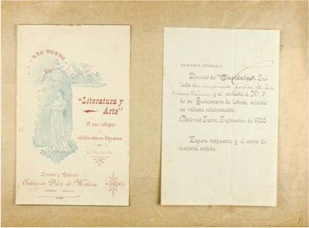 Invitaci&oacute;n de Benjam&iacute;n Guzm&aacute;n dirigida a C&aacute;ceres para una colaboraci&oacute;n con material in&eacute;dito en la revista Claridades (Sucre, septiembre de 1900)